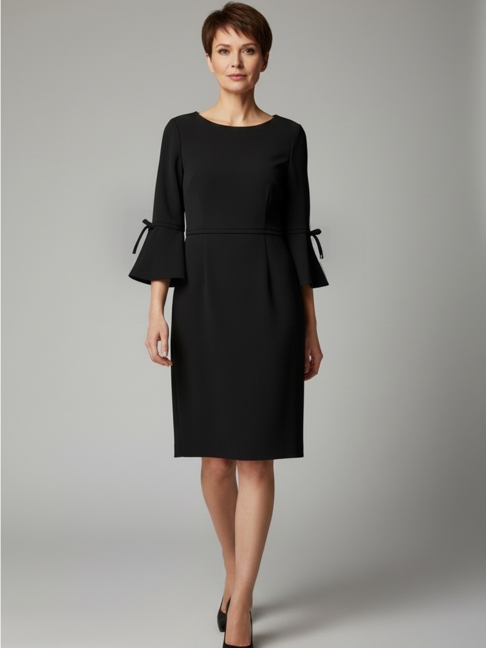 Classic, elegant Black Bell-Sleeve Sheath Dress